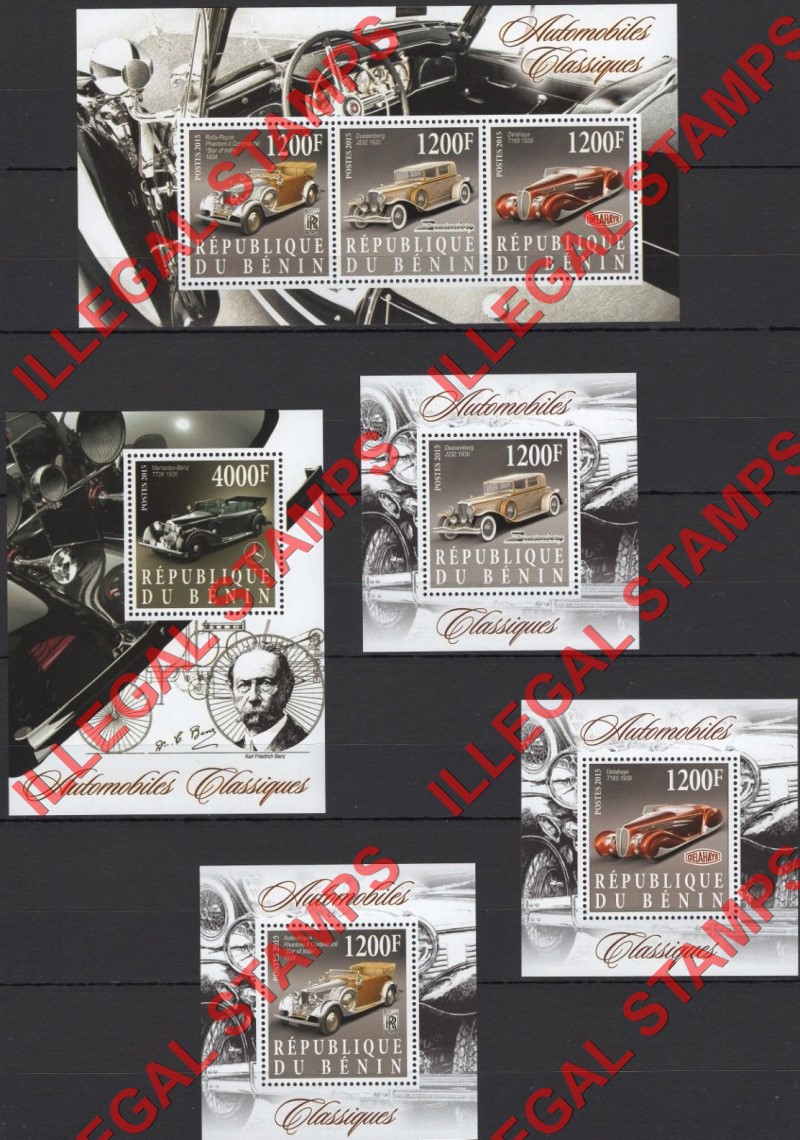 Benin 2015 Automobiles Cars Illegal Stamp Souvenir Sheets of 3 and 1 Benin 2015 Automobiles Cars Illegal Stamp Souvenir Sheets of 3 and 1