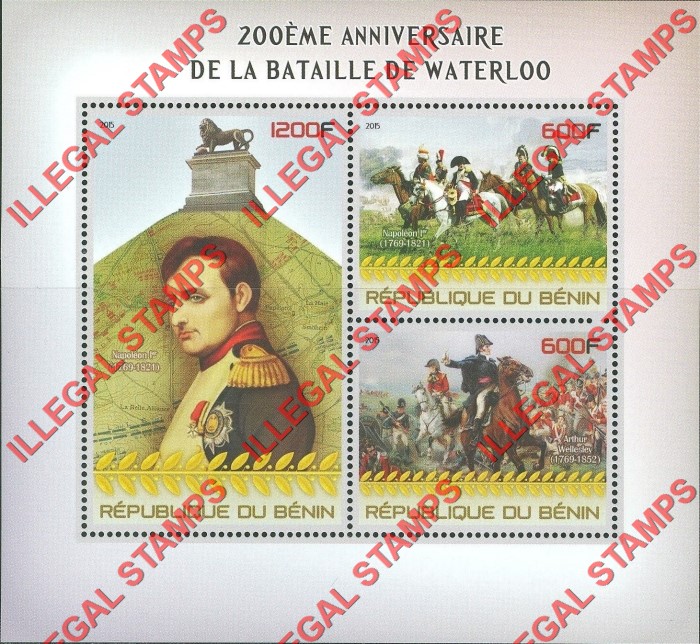 Benin 2015 Battle of Waterloo Illegal Stamp Souvenir Sheet of 3 Benin 2015 Battle of Waterloo Illegal Stamp Souvenir Sheet of 3