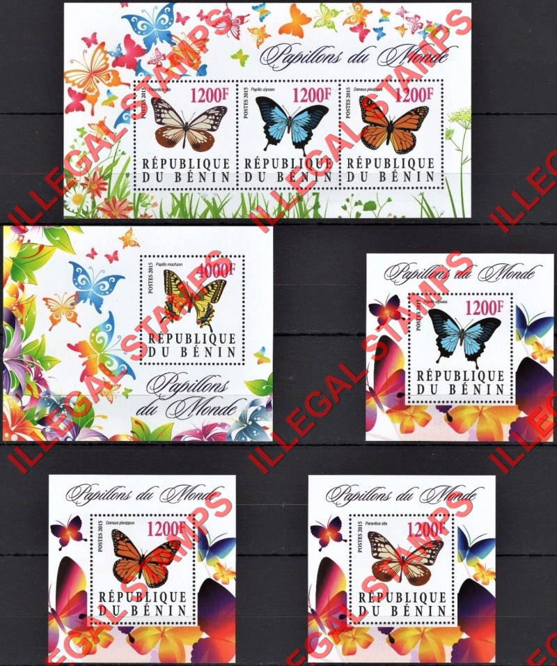 Benin 2015 Butterflies Illegal Stamp Souvenir Sheets of 3 and 1 Benin 2015 Butterflies Illegal Stamp Souvenir Sheets of 3 and 1