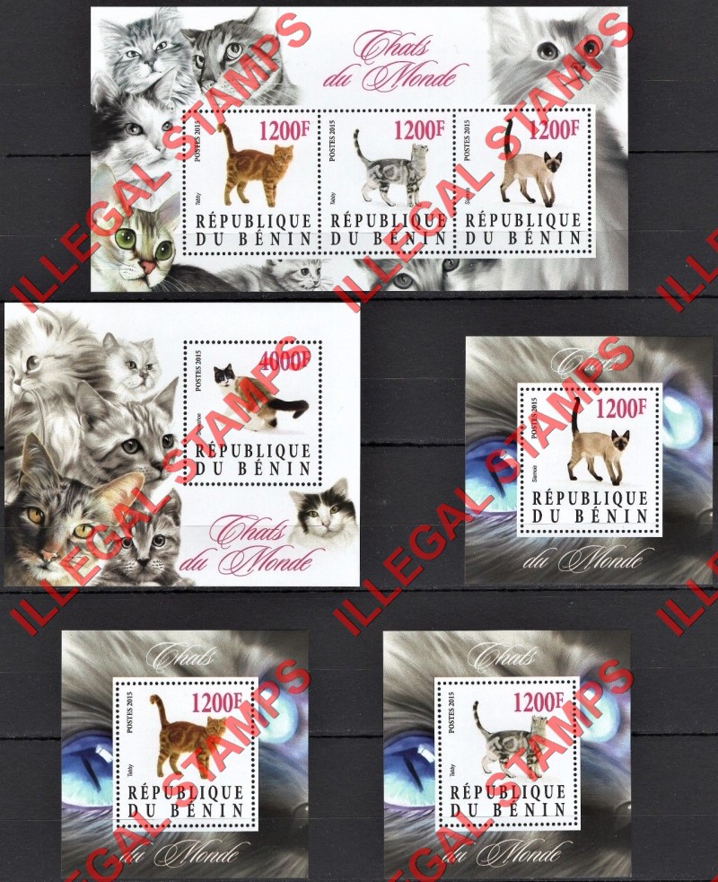 Benin 2015 Cats Illegal Stamp Souvenir Sheets of 3 and 1 Benin 2015 Cats Illegal Stamp Souvenir Sheets of 3 and 1