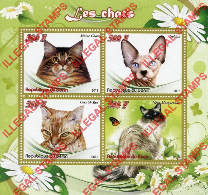 Benin 2015 Cats Illegal Stamp Souvenir Sheet of 4 Benin 2015 Cats Illegal Stamp Souvenir Sheet of 4