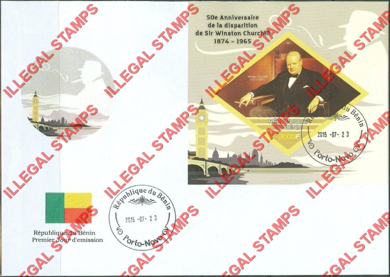 Benin 2015 Winston Churchill Illegal Stamp Souvenir Sheet on Fake First Day Cover Benin 2015 Winston Churchill Illegal Stamp Souvenir Sheet on Fake First Day Cover