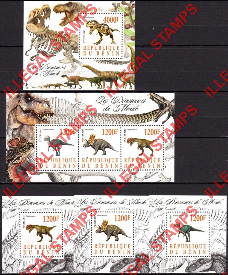 Benin 2015 Dinosaurs Illegal Stamp Souvenir Sheets of 3 and 1 Benin 2015 Dinosaurs Illegal Stamp Souvenir Sheets of 3 and 1