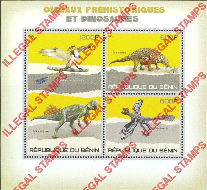 Benin 2015 Dinosaurs Illegal Stamp Souvenir Sheet of 4 (Type 1) Benin 2015 Dinosaurs Illegal Stamp Souvenir Sheet of 4 (Type 1)