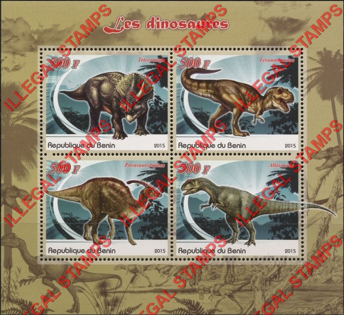 Benin 2015 Dinosaurs Illegal Stamp Souvenir Sheet of 4 (Type 2) Benin 2015 Dinosaurs Illegal Stamp Souvenir Sheet of 4 (Type 2)