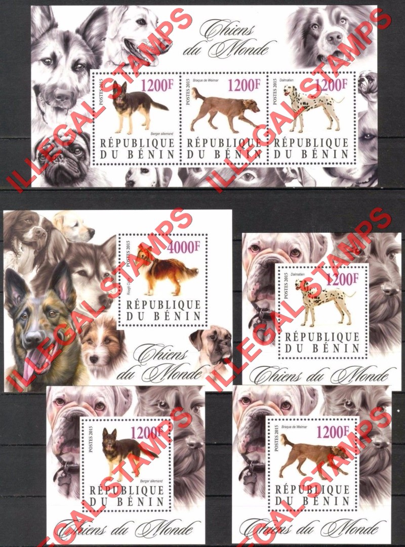 Benin 2015 Dogs Illegal Stamp Souvenir Sheets of 3 and 1 Benin 2015 Dogs Illegal Stamp Souvenir Sheets of 3 and 1