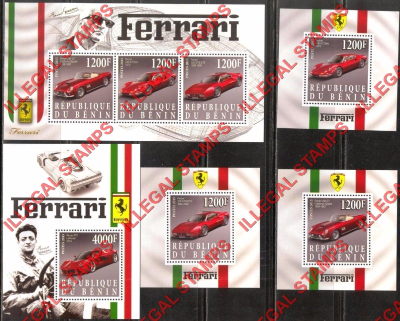 Benin 2015 Ferrari Illegal Stamp Souvenir Sheets of 3 and 1 Benin 2015 Ferrari Illegal Stamp Souvenir Sheets of 3 and 1