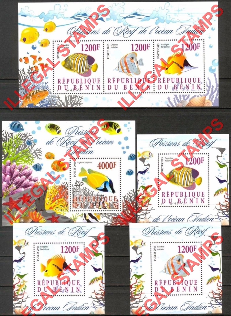Benin 2015 Fish in the Indian Ocean Reef Illegal Stamp Souvenir Sheets of 3 and 1 Benin 2015 Fish in the Indian Ocean Reef Illegal Stamp Souvenir Sheets of 3 and 1