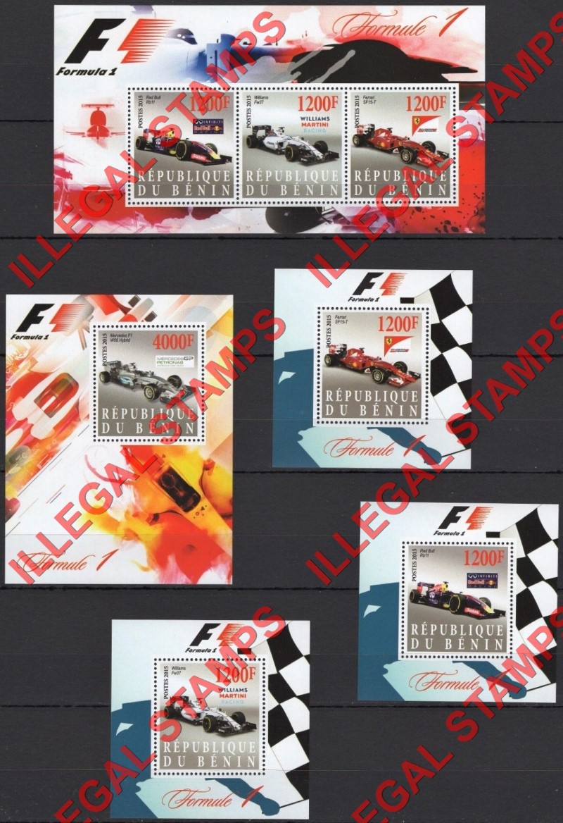 Benin 2015 Formula I Illegal Stamp Souvenir Sheets of 3 and 1 Benin 2015 Formula I Illegal Stamp Souvenir Sheets of 3 and 1