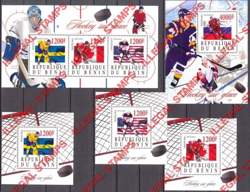 Benin 2015 Ice Hockey Illegal Stamp Souvenir Sheets of 3 and 1 Benin 2015 Ice Hockey Illegal Stamp Souvenir Sheets of 3 and 1