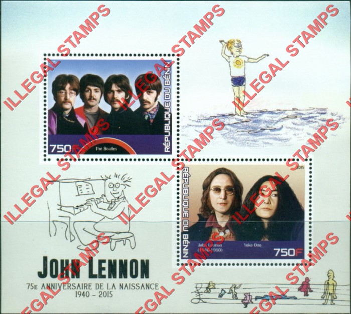Benin 2015 John Lennon Illegal Stamp Souvenir Sheet of 2 Benin 2015 John Lennon Illegal Stamp Souvenir Sheet of 2
