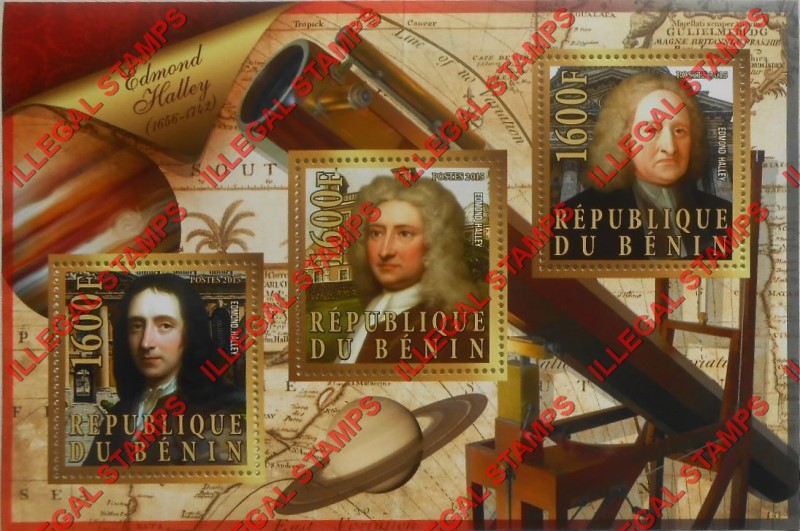 Benin 2015 Leaders Edmond Halley Illegal Stamp Souvenir Sheet of 3 Benin 2015 Leaders Edmond Halley Illegal Stamp Souvenir Sheet of 3