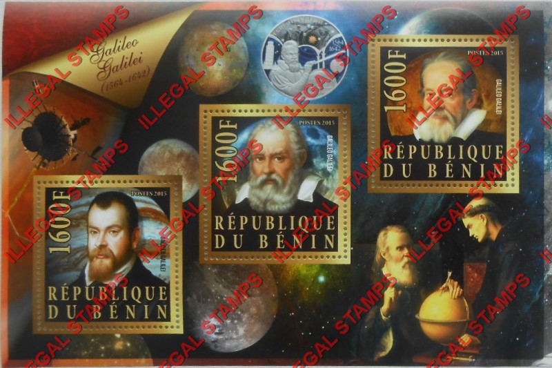Benin 2015 Leaders Galileo Galilei Illegal Stamp Souvenir Sheet of 3 Benin 2015 Leaders Galileo Galilei Illegal Stamp Souvenir Sheet of 3