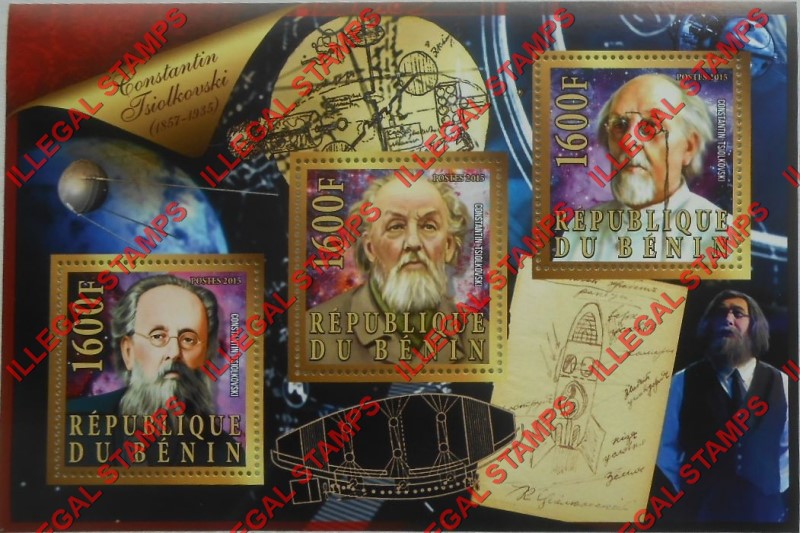 Benin 2015 Leaders Konstantin Tsiolkovsky Illegal Stamp Souvenir Sheet of 3 Benin 2015 Leaders Konstantin Tsiolkovsky Illegal Stamp Souvenir Sheet of 3