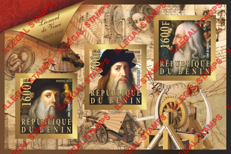 Benin 2015 Leaders Leonard de Vinci Illegal Stamp Souvenir Sheet of 3 Benin 2015 Leaders Leonard de Vinci Illegal Stamp Souvenir Sheet of 3