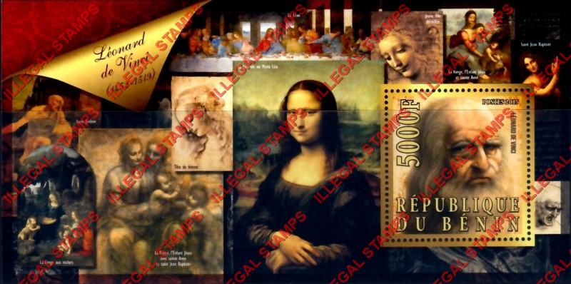 Benin 2015 Leaders Leonard de Vinci Illegal Stamp Souvenir Sheet of 1 Benin 2015 Leaders Leonard de Vinci Illegal Stamp Souvenir Sheet of 1