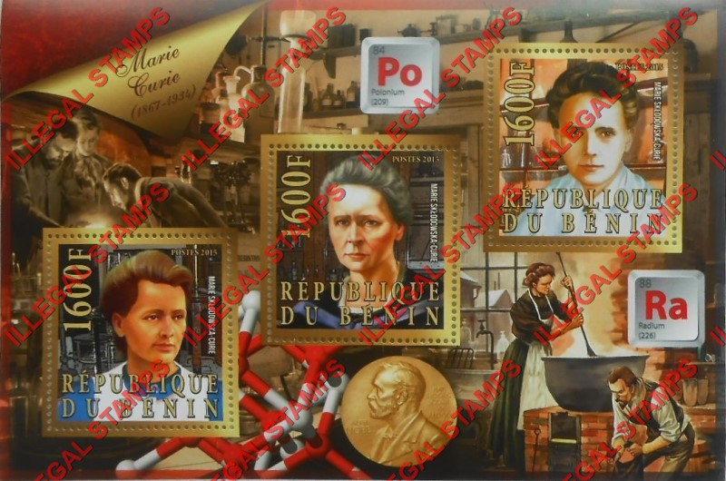 Benin 2015 Leaders Marie Curie Illegal Stamp Souvenir Sheet of 3 Benin 2015 Leaders Marie Curie Illegal Stamp Souvenir Sheet of 3