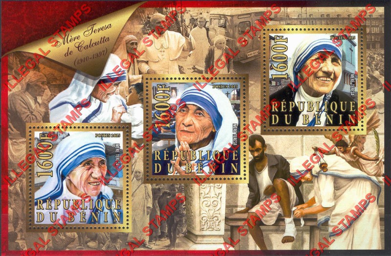 Benin 2015 Leaders Mother Teresa Illegal Stamp Souvenir Sheet of 3 Benin 2015 Leaders Mother Teresa Illegal Stamp Souvenir Sheet of 3