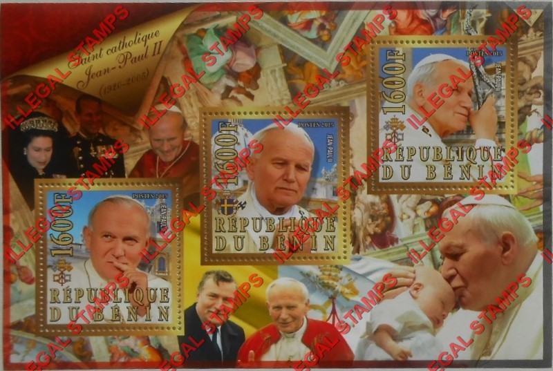 Benin 2015 Leaders Pope John Paul II Illegal Stamp Souvenir Sheet of 3 Benin 2015 Leaders Pope John Paul II Illegal Stamp Souvenir Sheet of 3