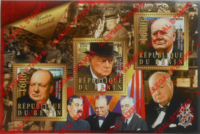 Benin 2015 Leaders Winston Churchill Illegal Stamp Souvenir Sheet of 3 Benin 2015 Leaders Winston Churchill Illegal Stamp Souvenir Sheet of 3