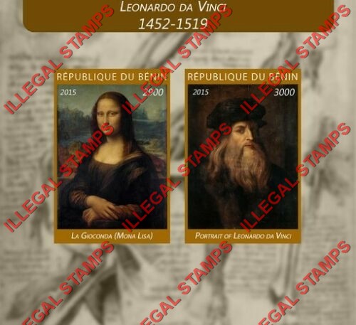 Benin 2015 Leonardo da Vinci Paintings Illegal Stamp Souvenir Sheet of 2 Benin 2015 Leonardo da Vinci Paintings Illegal Stamp Souvenir Sheet of 2