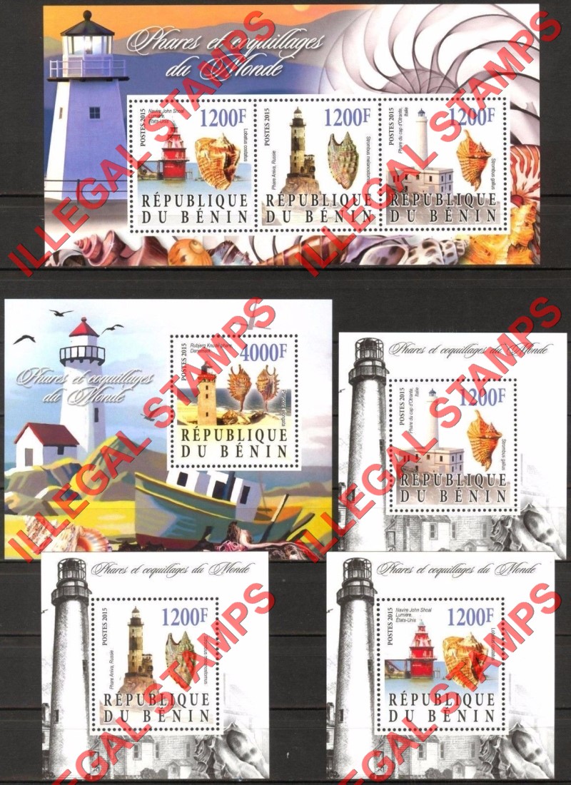 Benin 2015 Lighthouses and Sea Shells Illegal Stamp Souvenir Sheets of 3 and 1 Benin 2015 Lighthouses and Sea Shells Illegal Stamp Souvenir Sheets of 3 and 1