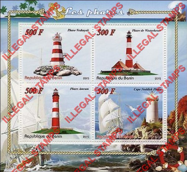 Benin 2015 Lighthouses Illegal Stamp Souvenir Sheet of 4 Benin 2015 Lighthouses Illegal Stamp Souvenir Sheet of 4