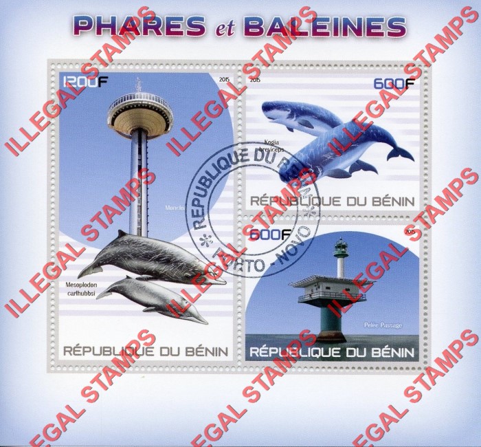 Benin 2015 Lighthouses and Whales Illegal Stamp Souvenir Sheet of 3 Benin 2015 Lighthouses and Whales Illegal Stamp Souvenir Sheet of 3