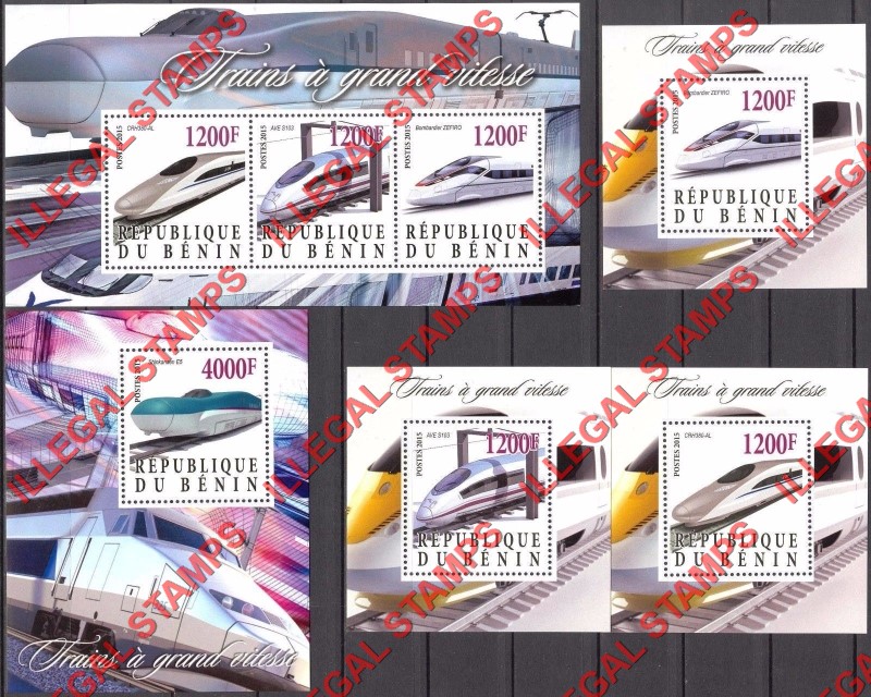 Benin 2015 Locomotives Modern Illegal Stamp Souvenir Sheets of 3 and 1 Benin 2015 Locomotives Modern Illegal Stamp Souvenir Sheets of 3 and 1
