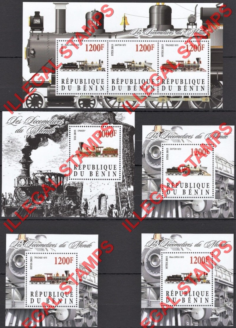 Benin 2015 Locomotives Illegal Stamp Souvenir Sheets of 3 and 1 Benin 2015 Locomotives Illegal Stamp Souvenir Sheets of 3 and 1
