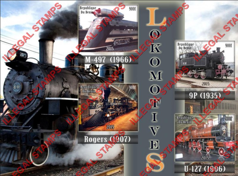 Benin 2015 Locomotives Illegal Stamp Souvenir Sheet of 4 Benin 2015 Locomotives Illegal Stamp Souvenir Sheet of 4