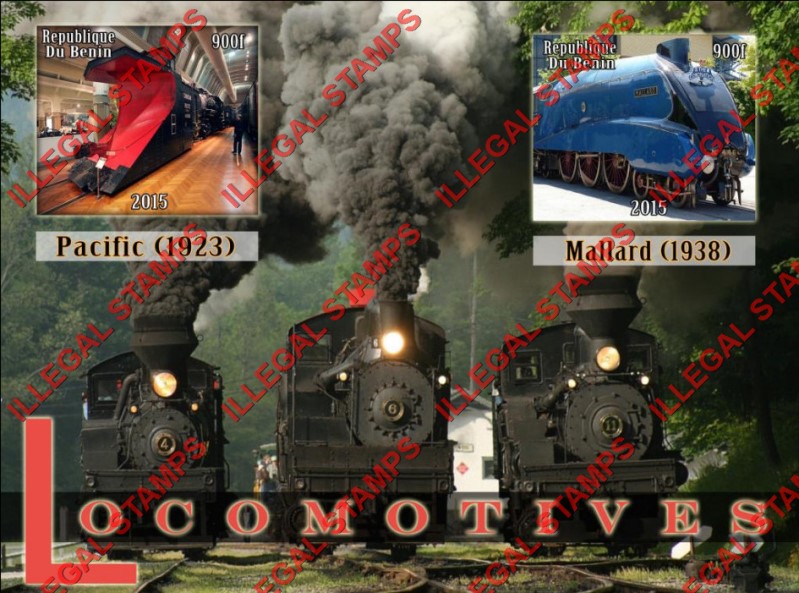 Benin 2015 Locomotives Illegal Stamp Souvenir Sheet of 2 Benin 2015 Locomotives Illegal Stamp Souvenir Sheet of 2