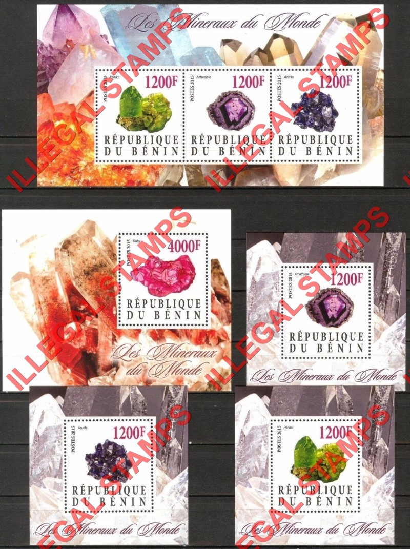 Benin 2015 Minerals Illegal Stamp Souvenir Sheets of 3 and 1 Benin 2015 Minerals Illegal Stamp Souvenir Sheets of 3 and 1