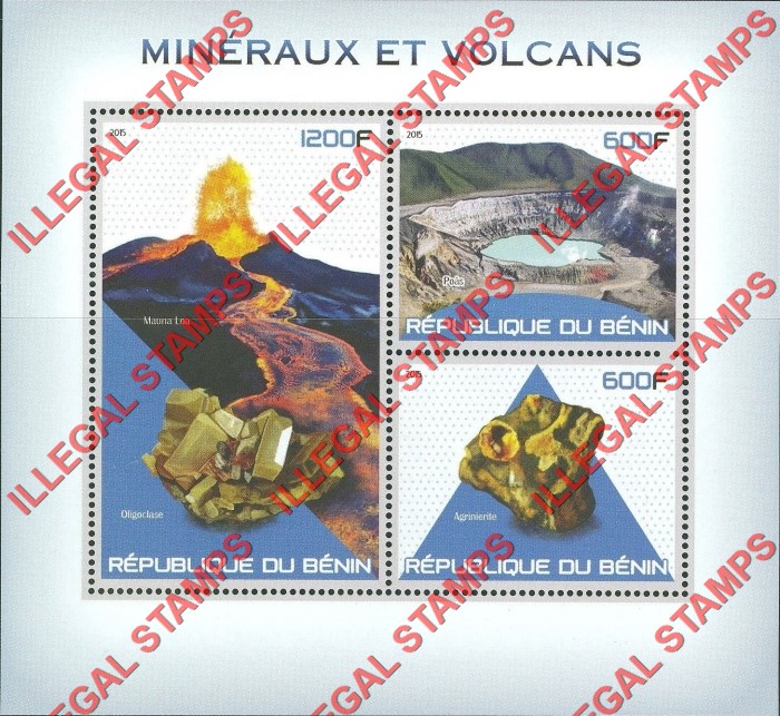 Benin 2015 Minerals and Volcanos Illegal Stamp Souvenir Sheet of 3 Benin 2015 Minerals and Volcanos Illegal Stamp Souvenir Sheet of 3