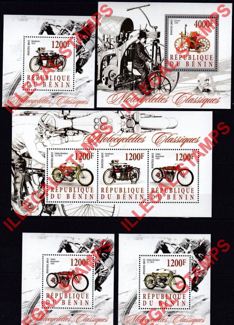 Benin 2015 Motorcycles Illegal Stamp Souvenir Sheets of 3 and 1 Benin 2015 Motorcycles Illegal Stamp Souvenir Sheets of 3 and 1