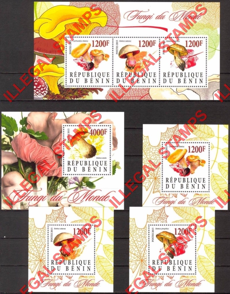 Benin 2015 Mushrooms Illegal Stamp Souvenir Sheets of 3 and 1 Benin 2015 Mushrooms Illegal Stamp Souvenir Sheets of 3 and 1