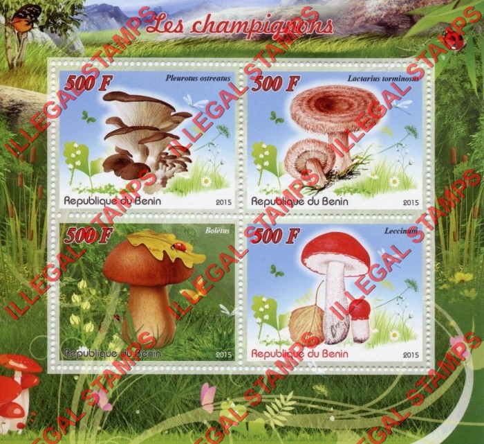 Benin 2015 Mushrooms Illegal Stamp Souvenir Sheet of 4 Benin 2015 Mushrooms Illegal Stamp Souvenir Sheet of 4