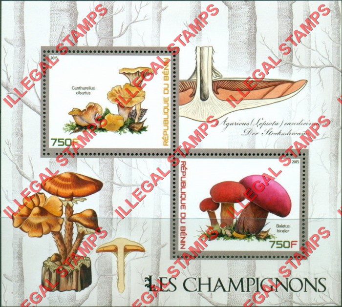 Benin 2015 Mushrooms Illegal Stamp Souvenir Sheet of 2 Benin 2015 Mushrooms Illegal Stamp Souvenir Sheet of 2