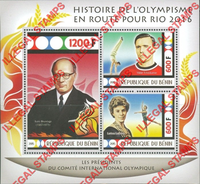 Benin 2015 Olympic Games Presidents Avery Brundage Illegal Stamp Souvenir Sheet of 3 Benin 2015 Olympic Games Presidents Avery Brundage Illegal Stamp Souvenir Sheet of 3