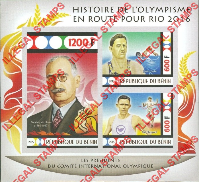 Benin 2015 Olympic Games Presidents Godefroy de Blonav Illegal Stamp Souvenir Sheet of 3 Benin 2015 Olympic Games Presidents Godefroy de Blonav Illegal Stamp Souvenir Sheet of 3