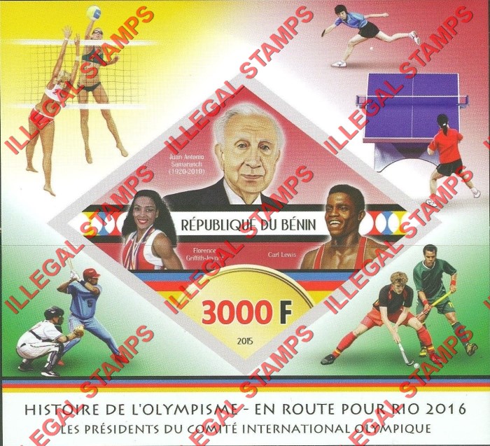 Benin 2015 Olympic Games Presidents Juan Samaranch Illegal Stamp Souvenir Sheet of 1 Benin 2015 Olympic Games Presidents Juan Samaranch Illegal Stamp Souvenir Sheet of 1