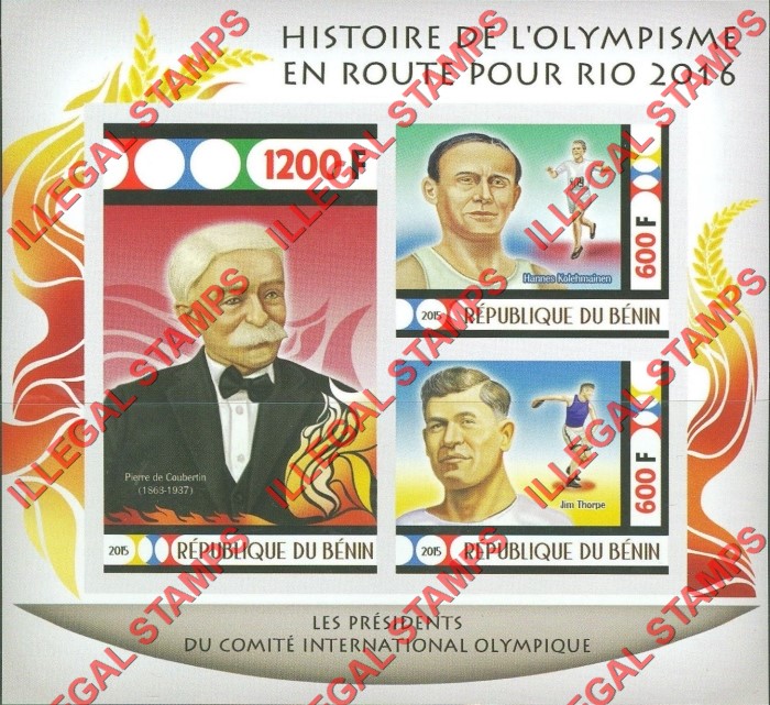 Benin 2015 Olympic Games Presidents Pierre de Coubertin Illegal Stamp Souvenir Sheet of 3 Benin 2015 Olympic Games Presidents Pierre de Coubertin Illegal Stamp Souvenir Sheet of 3