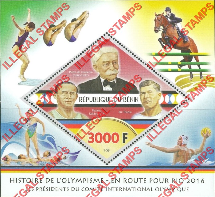 Benin 2015 Olympic Games Presidents Pierre de Coubertin Illegal Stamp Souvenir Sheet of 1 Benin 2015 Olympic Games Presidents Pierre de Coubertin Illegal Stamp Souvenir Sheet of 1