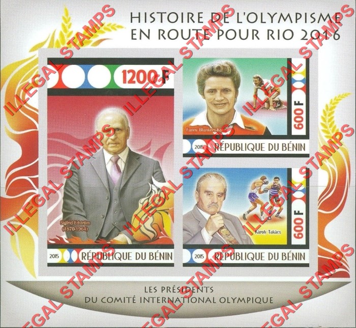 Benin 2015 Olympic Games Presidents Sigfrid Edstrom Illegal Stamp Souvenir Sheet of 3 Benin 2015 Olympic Games Presidents Sigfrid Edstrom Illegal Stamp Souvenir Sheet of 3