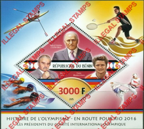 Benin 2015 Olympic Games Presidents Sigfrid Edstrom Illegal Stamp Souvenir Sheet of 1 Benin 2015 Olympic Games Presidents Sigfrid Edstrom Illegal Stamp Souvenir Sheet of 1