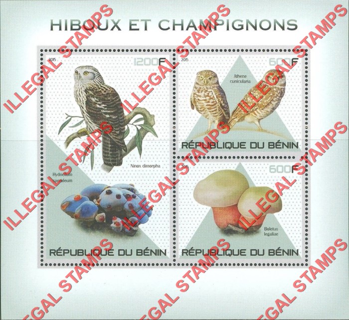 Benin 2015 Owls and Mushrooms Illegal Stamp Souvenir Sheet of 3 Benin 2015 Owls and Mushrooms Illegal Stamp Souvenir Sheet of 3