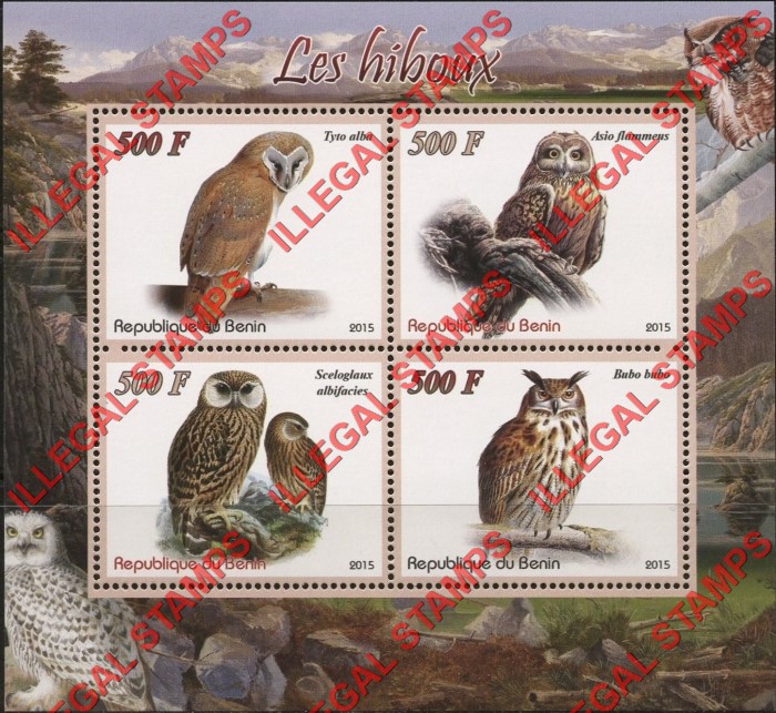 Benin 2015 Owls Illegal Stamp Souvenir Sheet of 4 Benin 2015 Owls Illegal Stamp Souvenir Sheet of 4
