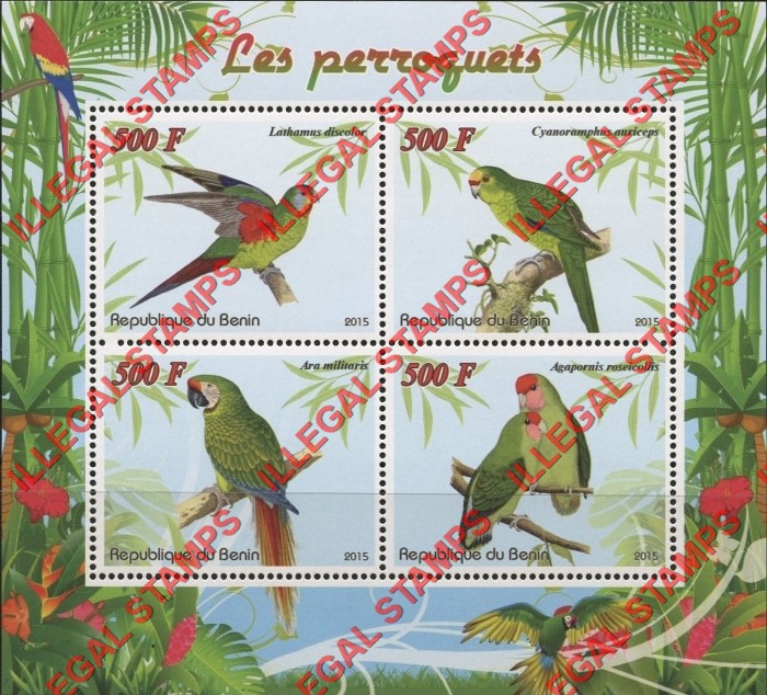 Benin 2015 Parrots Illegal Stamp Souvenir Sheet of 4 Benin 2015 Parrots Illegal Stamp Souvenir Sheet of 4