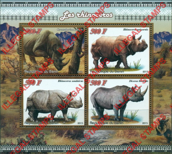 Benin 2015 Rhinoceros Rhinos Illegal Stamp Souvenir Sheet of 4 Benin 2015 Rhinoceros Rhinos Illegal Stamp Souvenir Sheet of 4