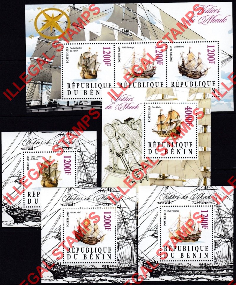 Benin 2015 Sailing Ships Illegal Stamp Souvenir Sheets of 3 and 1 Benin 2015 Sailing Ships Illegal Stamp Souvenir Sheets of 3 and 1